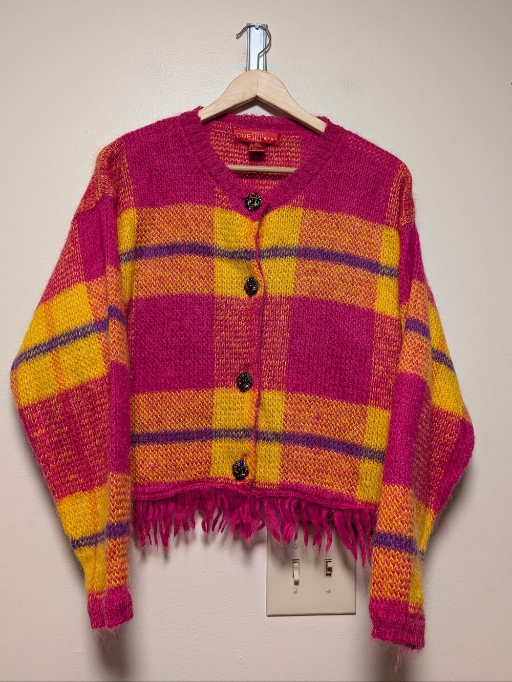 One Step Up Mohair Plaid Cardigan Large Pink Yellow Fringe Y2K Statement Knit
